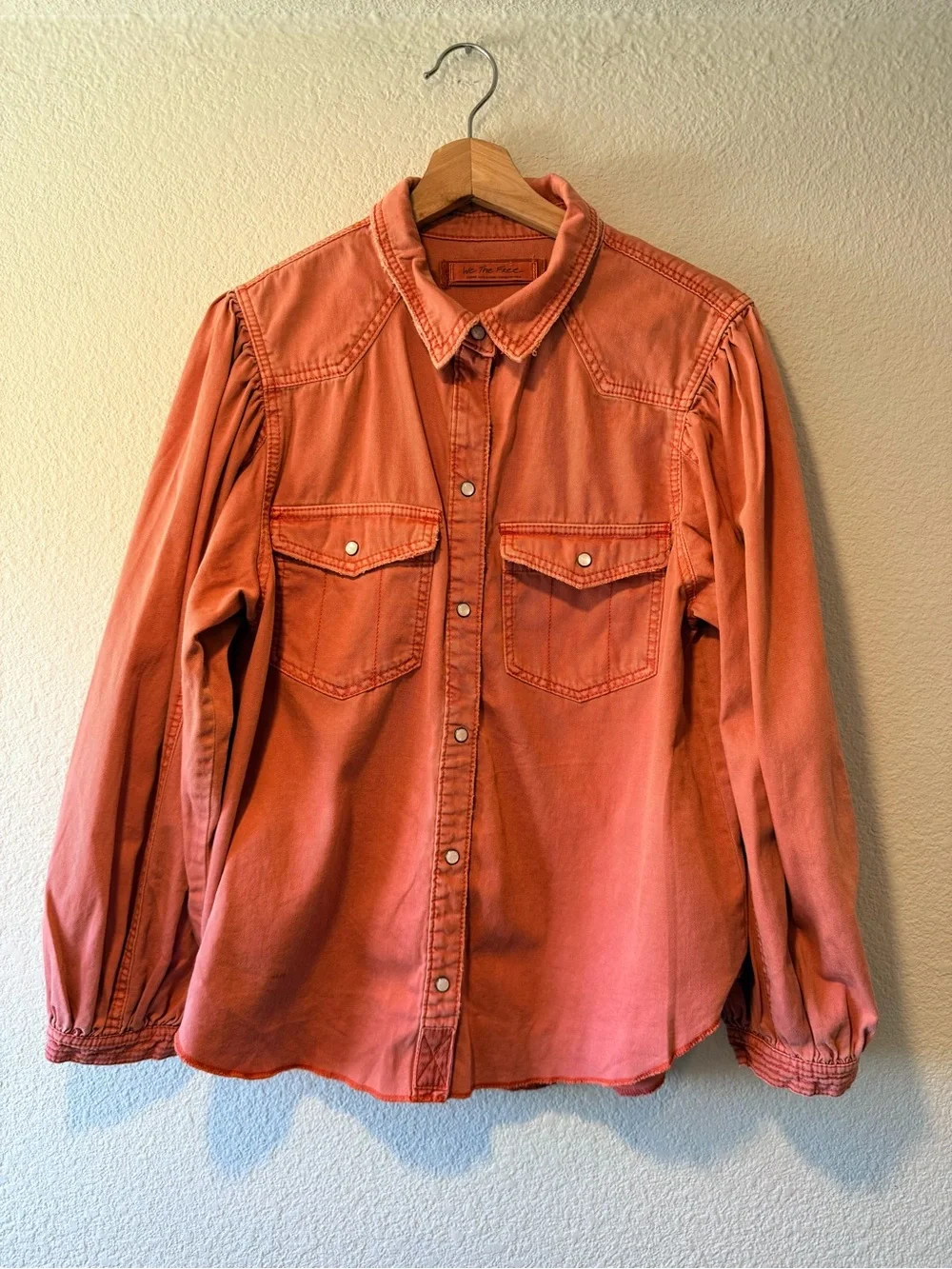FREE PEOPLE We The Free “With Love” Denim Shirt in Coral Rose Red